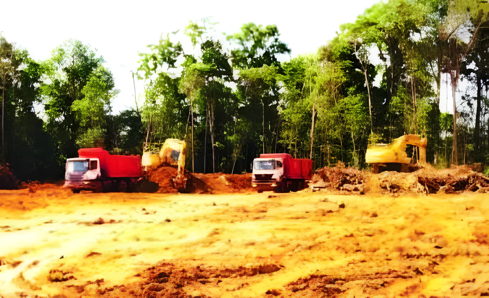 Caminhões basculantes e escavadeiras trabalhando em área desmatada junto à floresta